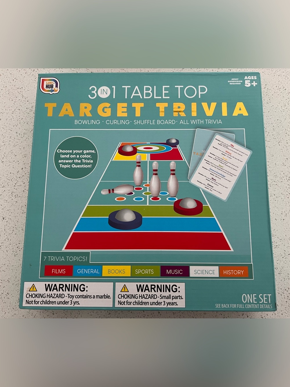 3-in-1 Table Top Target Trivia Game Bowling Curling Shuffleboard